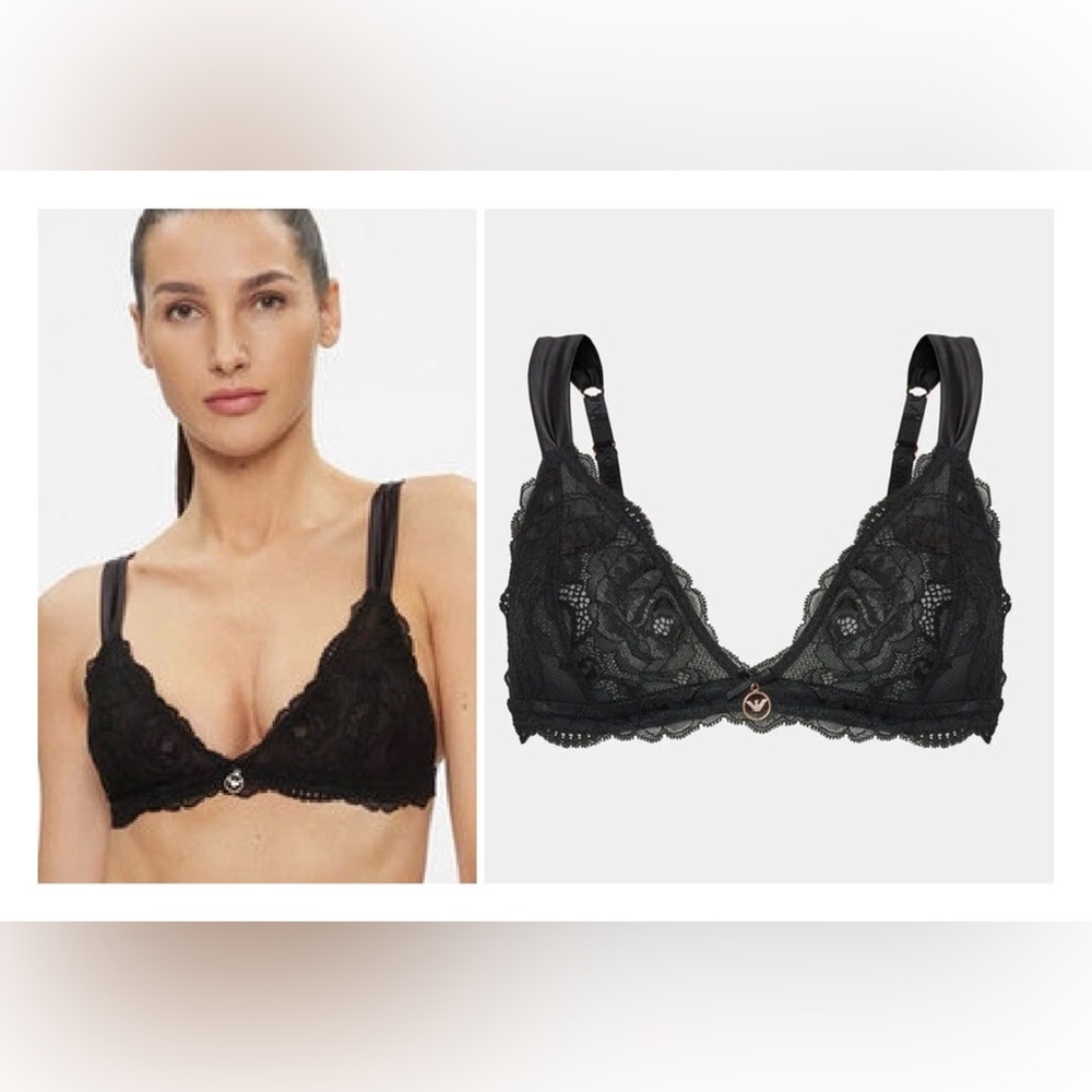 Emporio Armani Black Lace Plunge Bralette with Signature Charm NWT